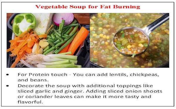 Text Box: Vegetable Soup for Fat Burning     •	For Protein touch - You can add lentils, chickpeas, and beans.  •	Decorate the soup with additional toppings like sliced garlic and ginger. Adding sliced onion shoots or coriander leaves can make it more tasty and flavorful.  